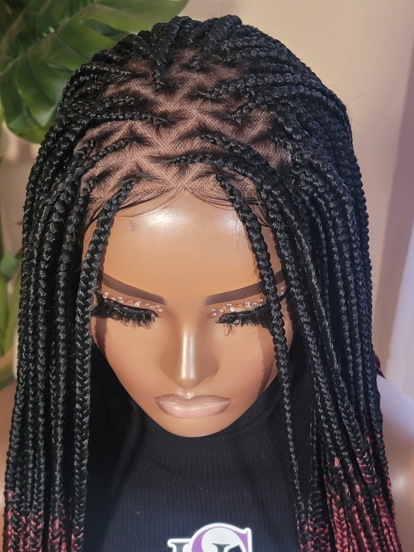 DEJA (BLACK/WINE OMBRE) | SMEDIUM Knotless Triangle Box Braids | 5x5 CLOSURE | SMALL CAP (Ready to Ship)
